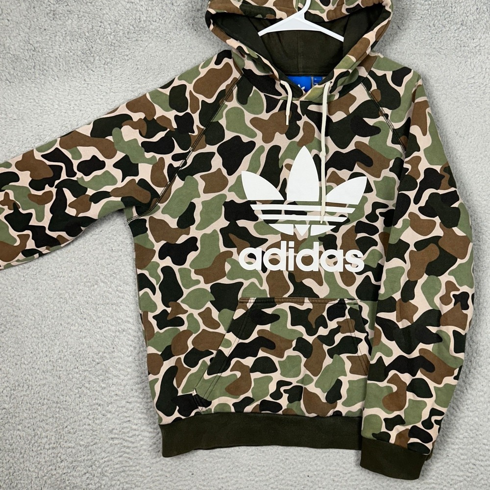 Adidas Hoodie Mens Medium Trefoil Duck Camo Green Pullover Sweatshirt Drawstring